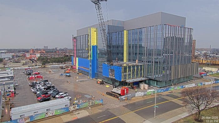a moment in time on March 26, 2026, during the construction of a major healthcare facility in Detroit