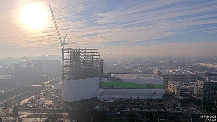 the construction site of the new Henry Ford Hospital bed tower in Detroit's New Center neighborhood