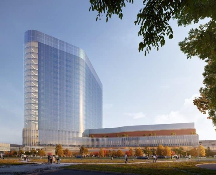 a rendering of the new 20-story patient tower for Henry Ford Hospital in Detroit