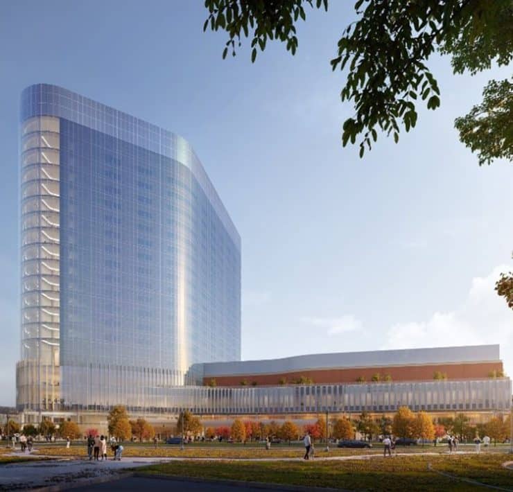 a rendering of the new 20-story patient tower for Henry Ford Hospital in Detroit